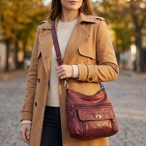 🍷 Fossil Leather Hobo Shoulder Bag Burgundy Multi-Zip Y2K 🖤